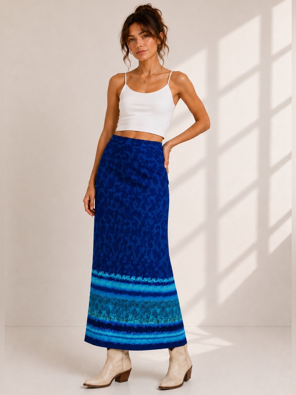 Vintage New Frontier Made in USA Blue Border Print Midi Skirt Boho Cottagecore